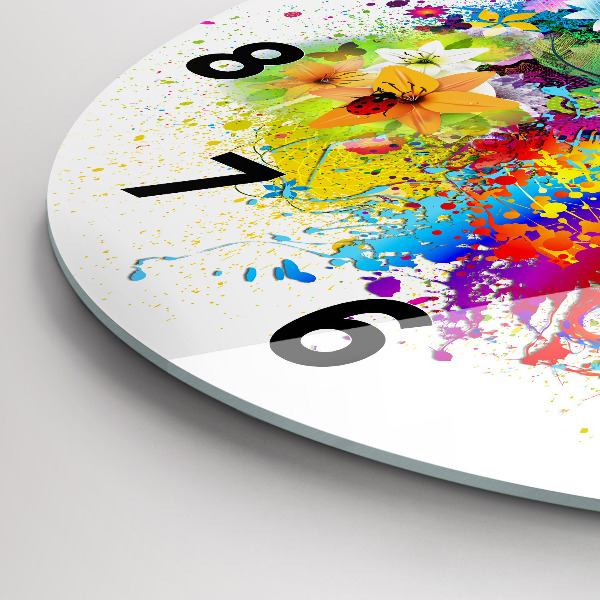 Round glass wall clock Floral harmony with butterflies