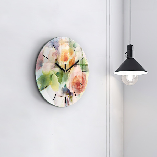 Round glass wall clock Roses in a Vase Watercolor