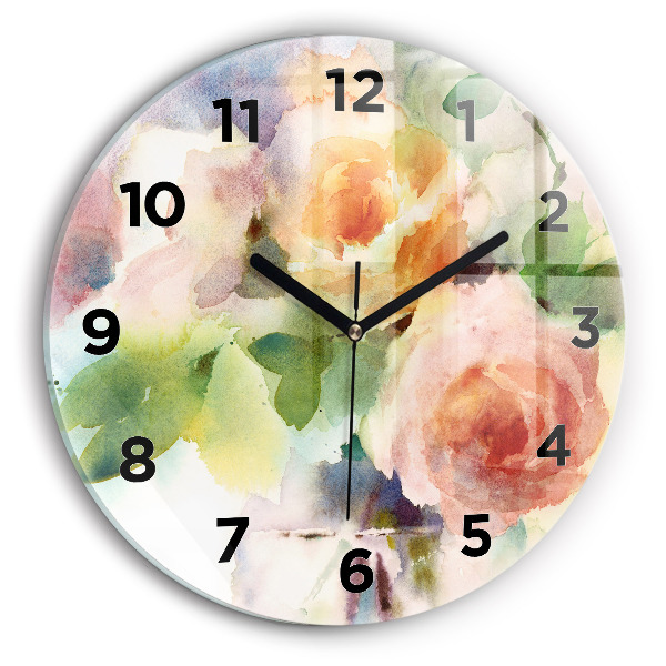 Round glass wall clock Roses in a Vase Watercolor