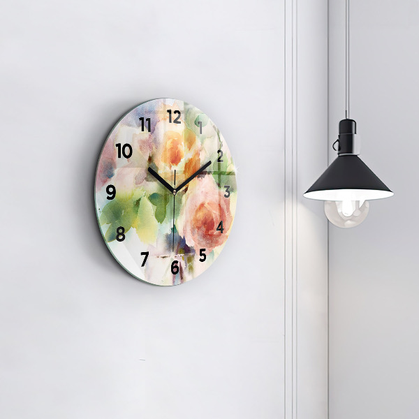 Round glass wall clock Roses in a Vase Watercolor