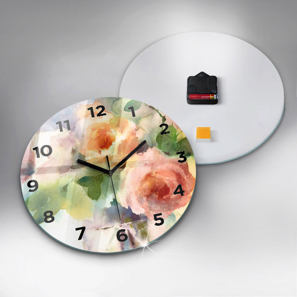 Round glass wall clock Roses in a Vase Watercolor