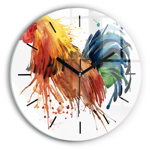 Round glass wall clock Colorful rooster