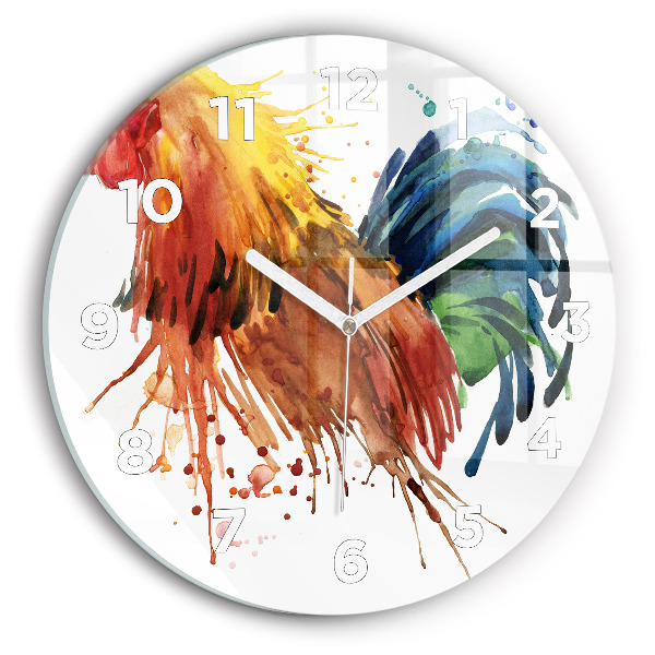 Round glass wall clock Colorful rooster