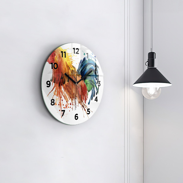 Round glass wall clock Colorful rooster