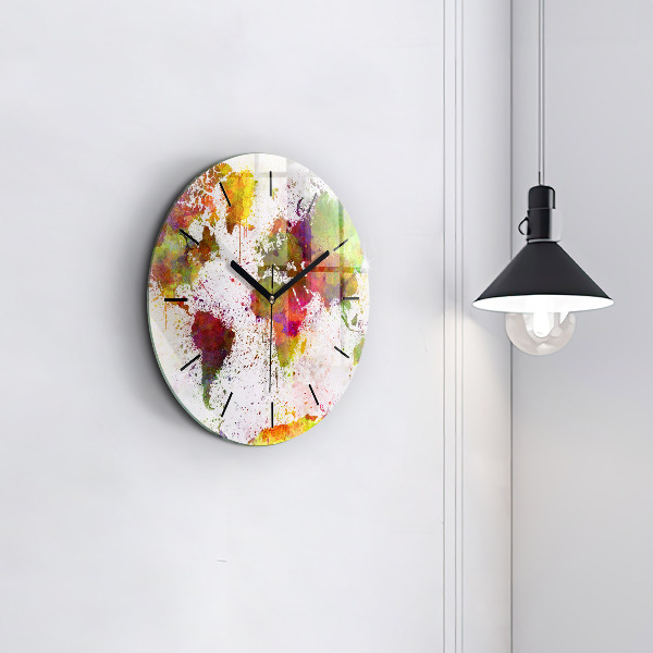 Round glass wall clock Watercolor map of the world