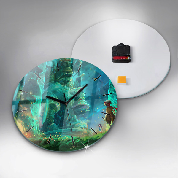 Round glass wall clock Children in the forest