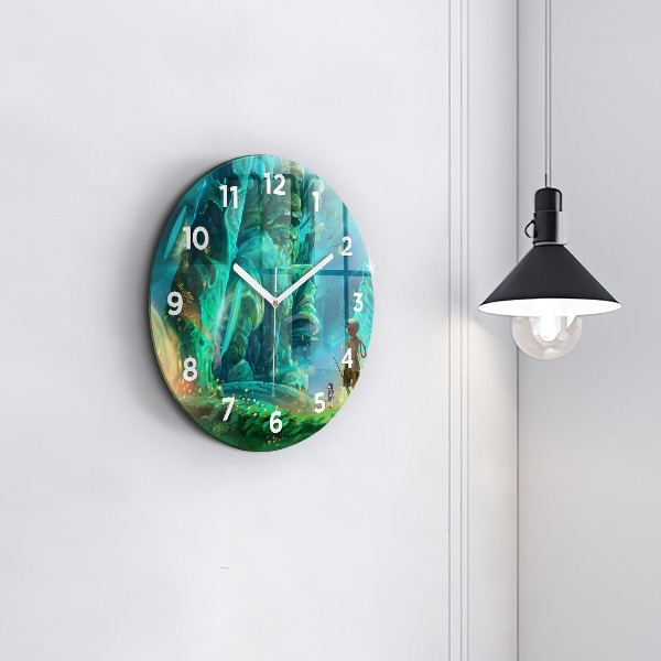 Round glass wall clock Children in the forest