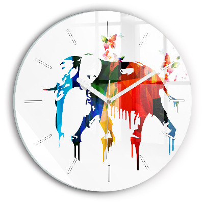 Round glass wall clock Colorful painted elephant