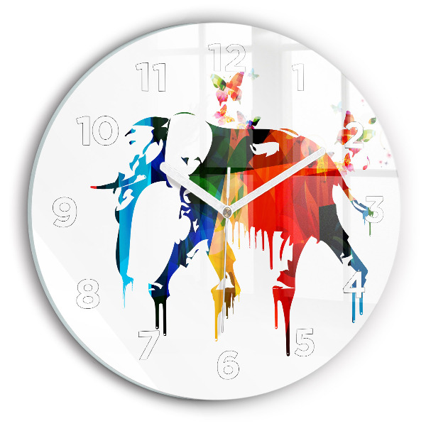 Round glass wall clock Colorful painted elephant