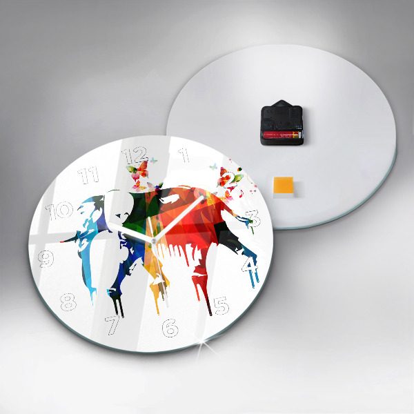 Round glass wall clock Colorful painted elephant