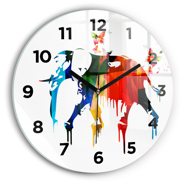 Round glass wall clock Colorful painted elephant