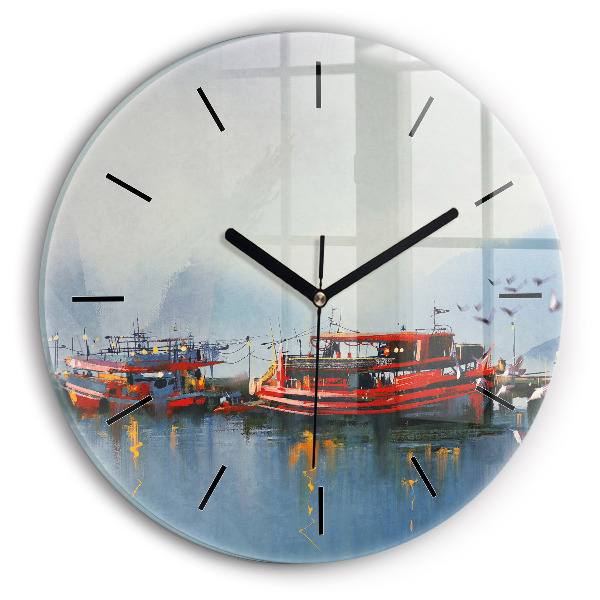 Round glass wall clock Fishing boat in port