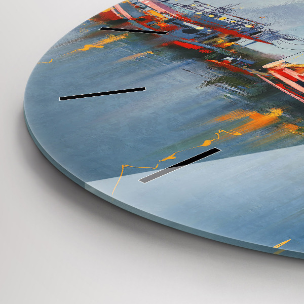 Round glass wall clock Fishing boat in port