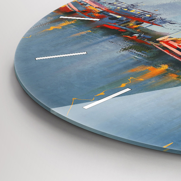 Round glass wall clock Fishing boat in port