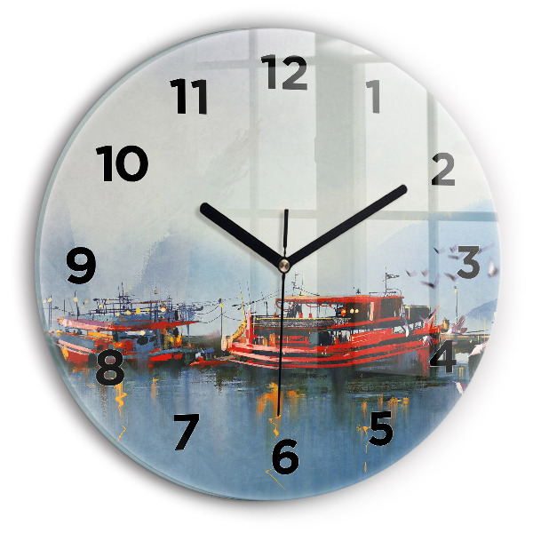 Round glass wall clock Fishing boat in port