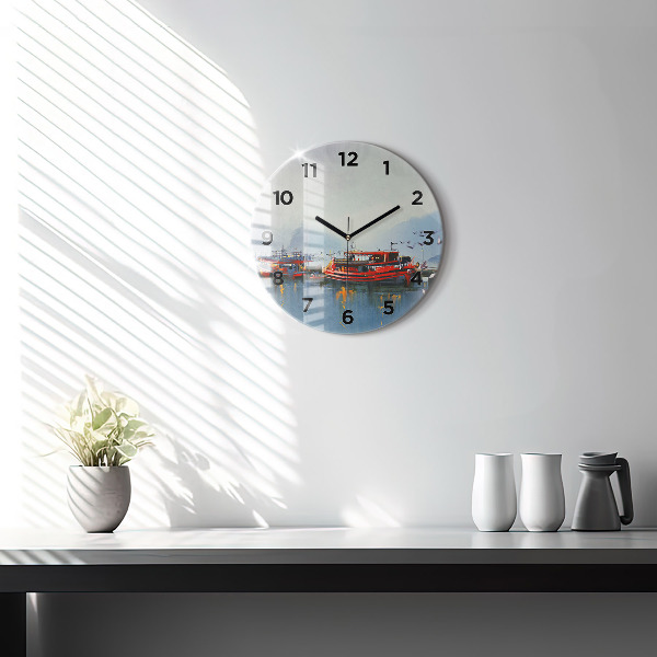 Round glass wall clock Fishing boat in port