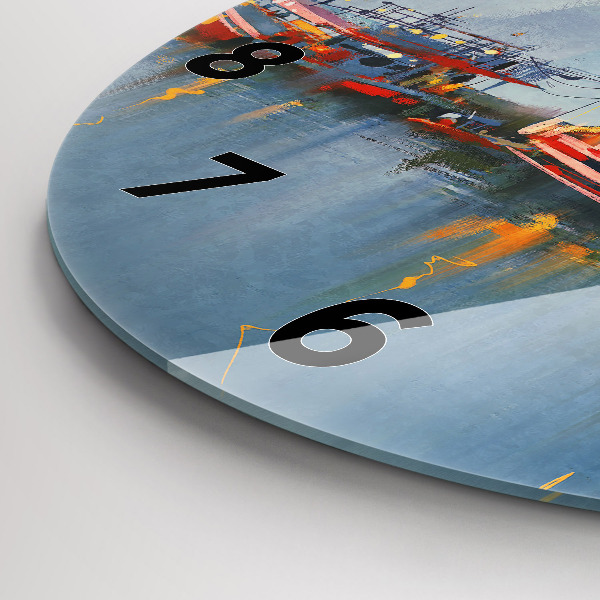 Round glass wall clock Fishing boat in port