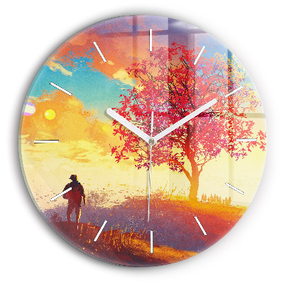 Round glass wall clock Autumn Landscape
