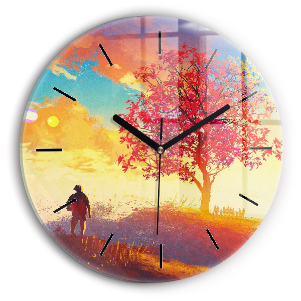 Round glass wall clock Autumn Landscape