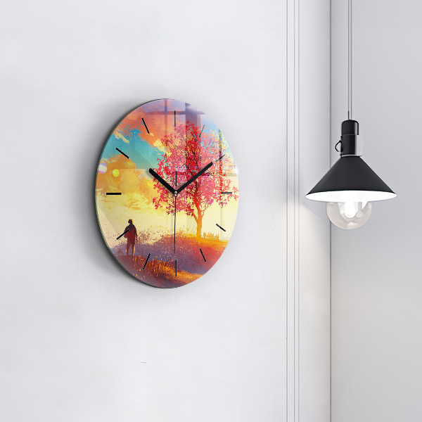 Round glass wall clock Autumn Landscape