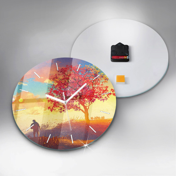 Round glass wall clock Autumn Landscape