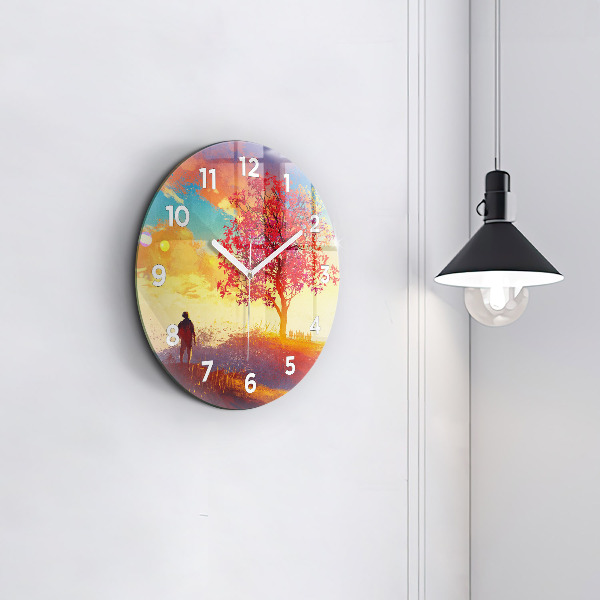 Round glass wall clock Autumn Landscape