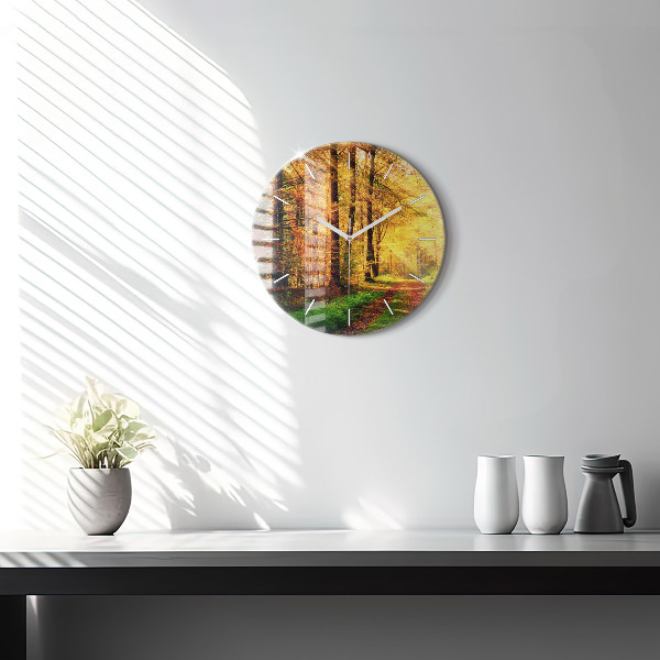 Round glass wall clock Autumn forest scenery