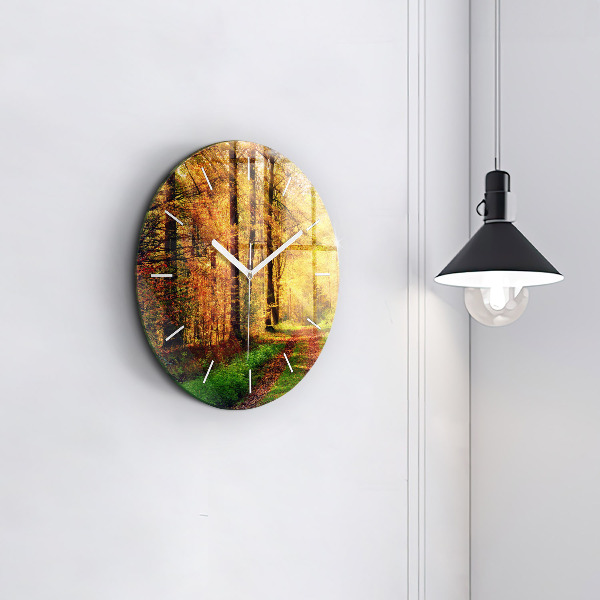 Round glass wall clock Autumn forest scenery