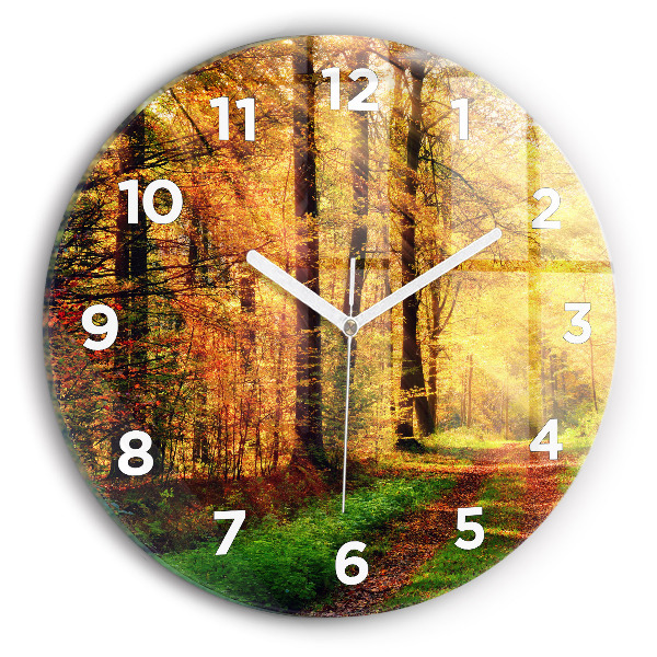 Round glass wall clock Autumn forest scenery
