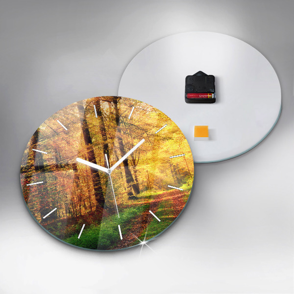 Round glass wall clock Autumn forest scenery