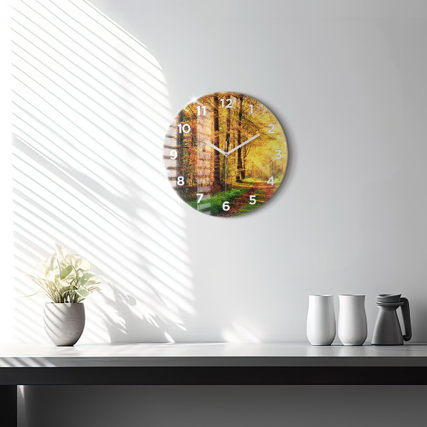 Round glass wall clock Autumn forest scenery