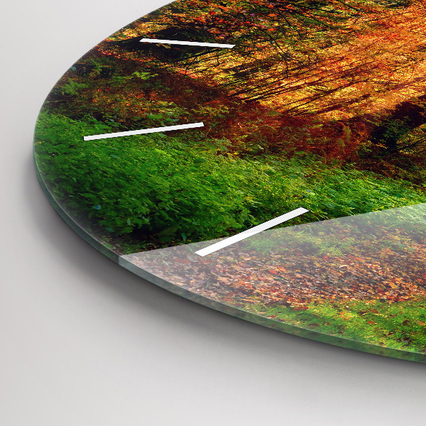 Round glass wall clock Autumn forest scenery