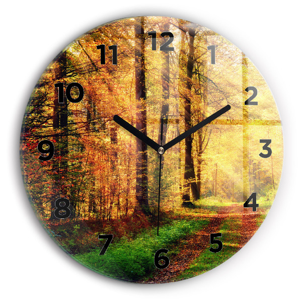 Round glass wall clock Autumn forest scenery