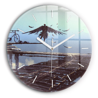 Round glass wall clock Angel, Bridge and Bicycle
