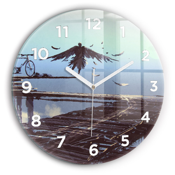 Round glass wall clock Angel, Bridge and Bicycle