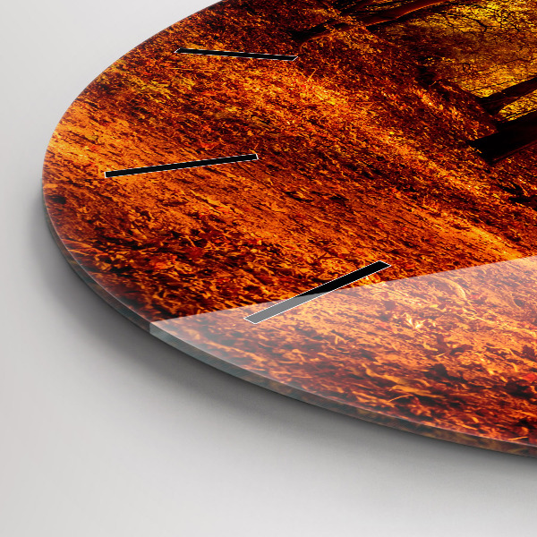 Round glass wall clock Forest landscape in the sun