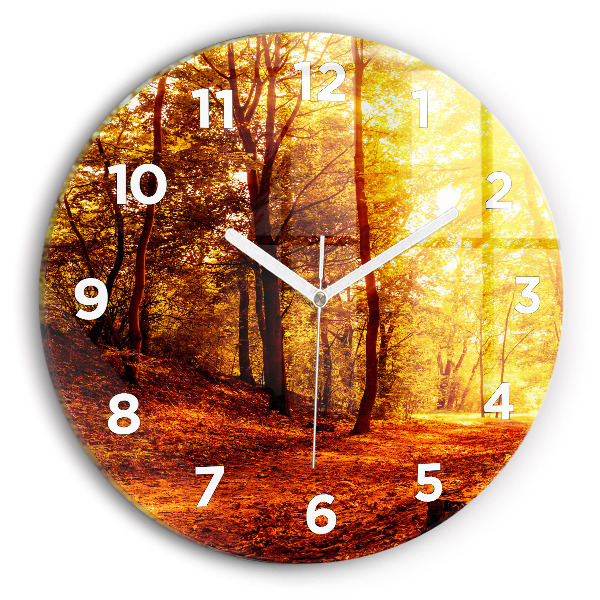 Round glass wall clock Forest landscape in the sun