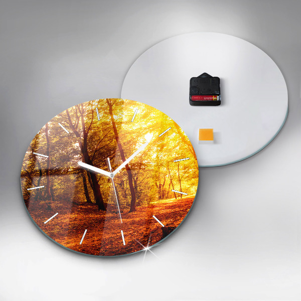 Round glass wall clock Forest landscape in the sun