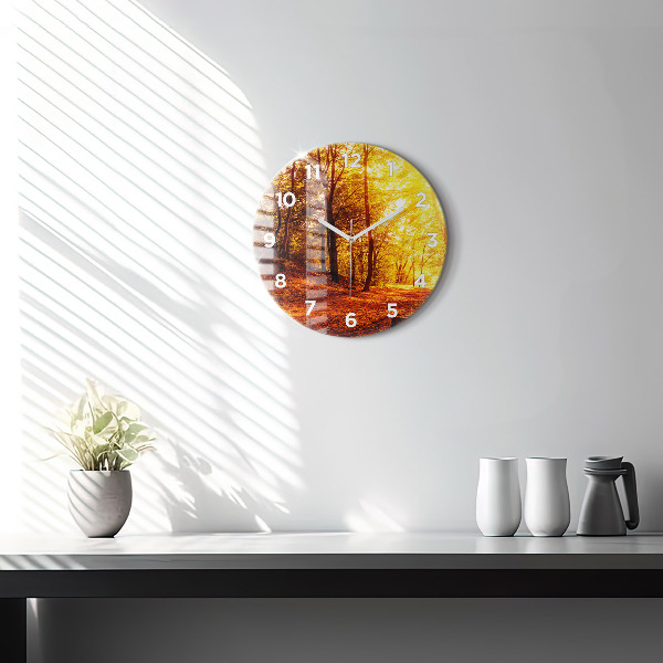 Round glass wall clock Forest landscape in the sun