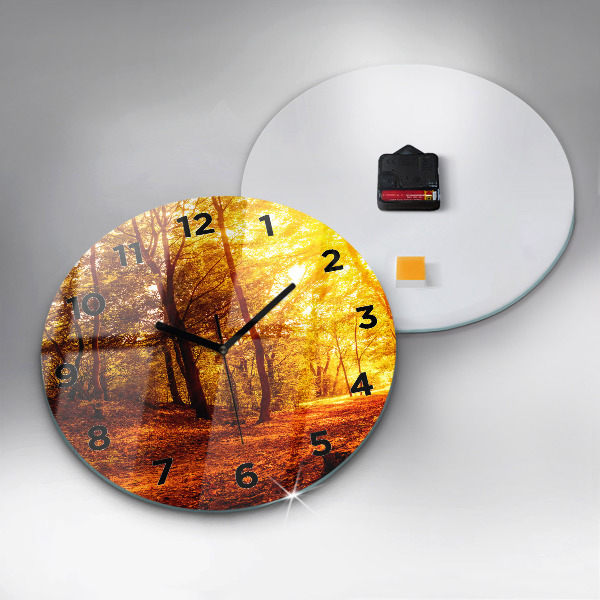 Round glass wall clock Forest landscape in the sun