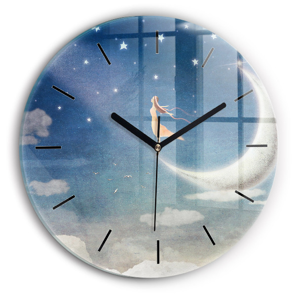Round glass wall clock Girl on the moon