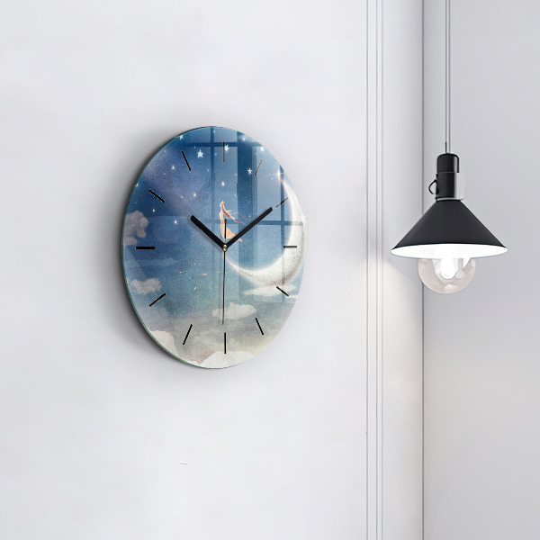 Round glass wall clock Girl on the moon