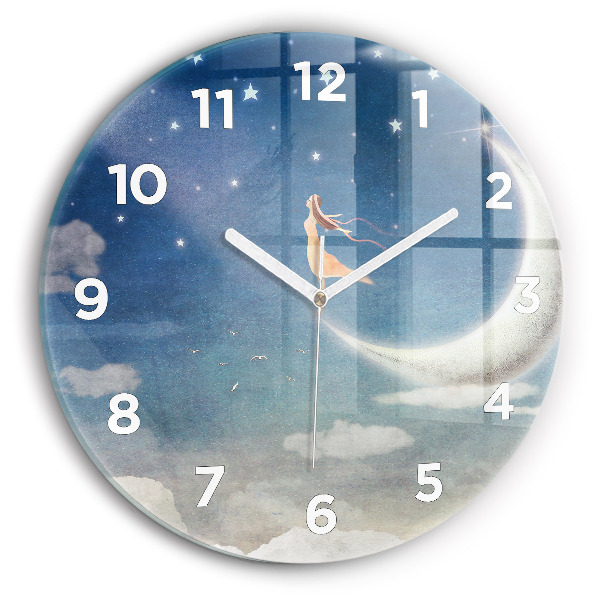 Round glass wall clock Girl on the moon