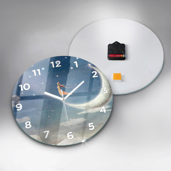 Round glass wall clock Girl on the moon