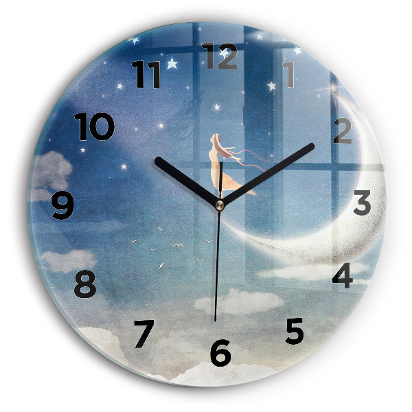 Round glass wall clock Girl on the moon