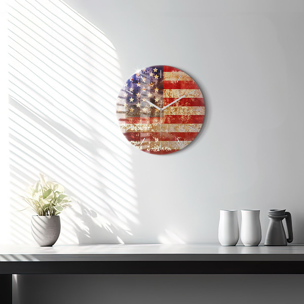 Round glass wall clock Vintage USA Flag