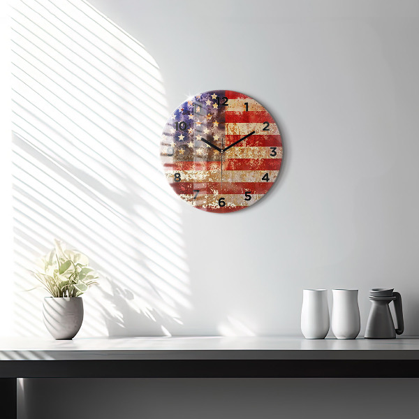 Round glass wall clock Vintage USA Flag