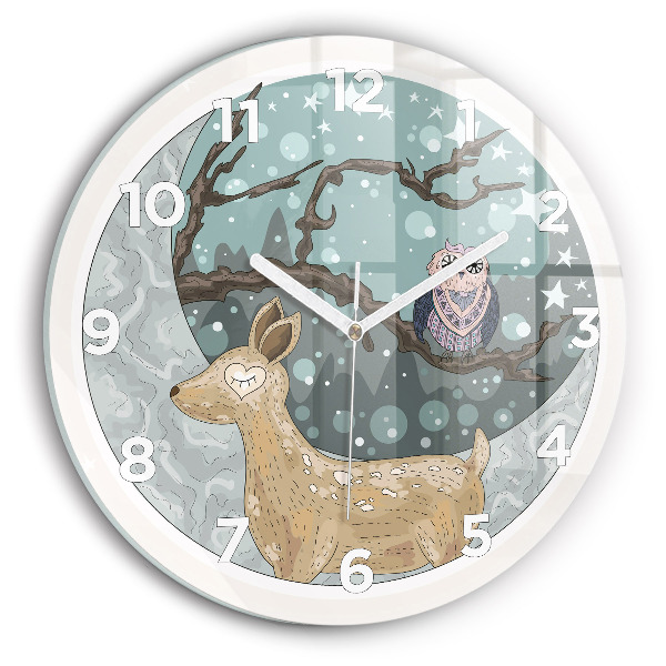 Round glass wall clock Nocturnal Animals and the Moon