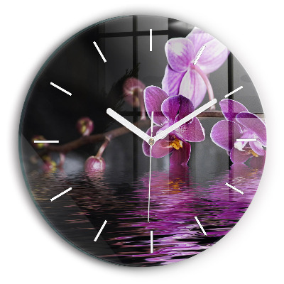 Round glass wall clock Orchid flower on the water