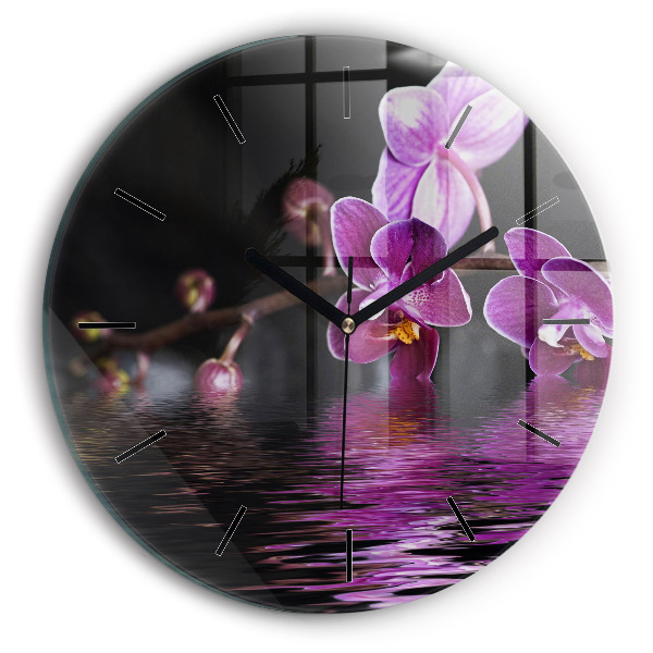 Round glass wall clock Orchid flower on the water